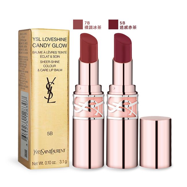 YSL LOVESHINECANDY GLOWBAUME  LÈVES TEINTÉRÉCLAT & SOINSHEER-SHINECOLOUR& CARE LIP BALM5B LAURENTNet Wt. 0.10 oz. 3.1g7B5B調冰茶透感赤茶