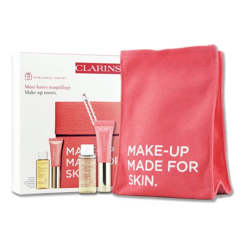 Clarins 克蘭詩 促銷特賣好氣色保濕嘟唇組(蘋果光氣墊嘟唇蜜+阿爾卑斯純淨卸妝油+化妝包+收納夾)