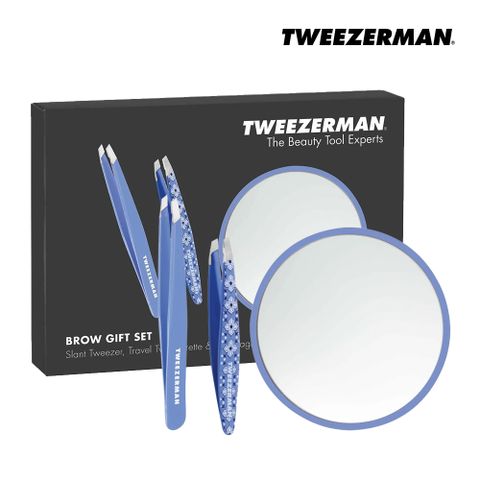 Tweezerman 一手包辦眉鑷三件禮盒-復古藍(經典專業斜口鑷-復古藍+葡萄牙磁磚花紋隨行款眉鑷+五倍放大細節鏡)