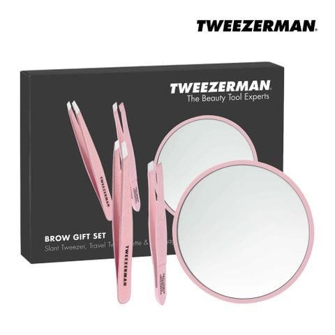 Tweezerman 一手包辦眉鑷三件禮盒-初戀粉(經典專業斜口鑷-初戀粉+隨行款眉鑷-初戀粉+五倍放大細節鏡)