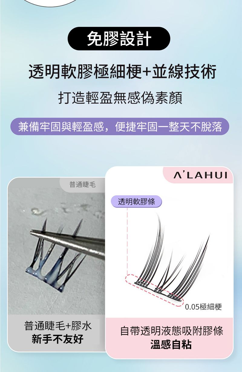 免膠設計透明軟膠極細+並線技術打造輕盈無感偽素顏兼備牢固與輕盈感,便捷牢固一整天不脫落普通睫毛透明軟膠條ALAHUI極細梗普通睫毛+膠水新手不友好自帶透明液態吸附膠條溫感自粘