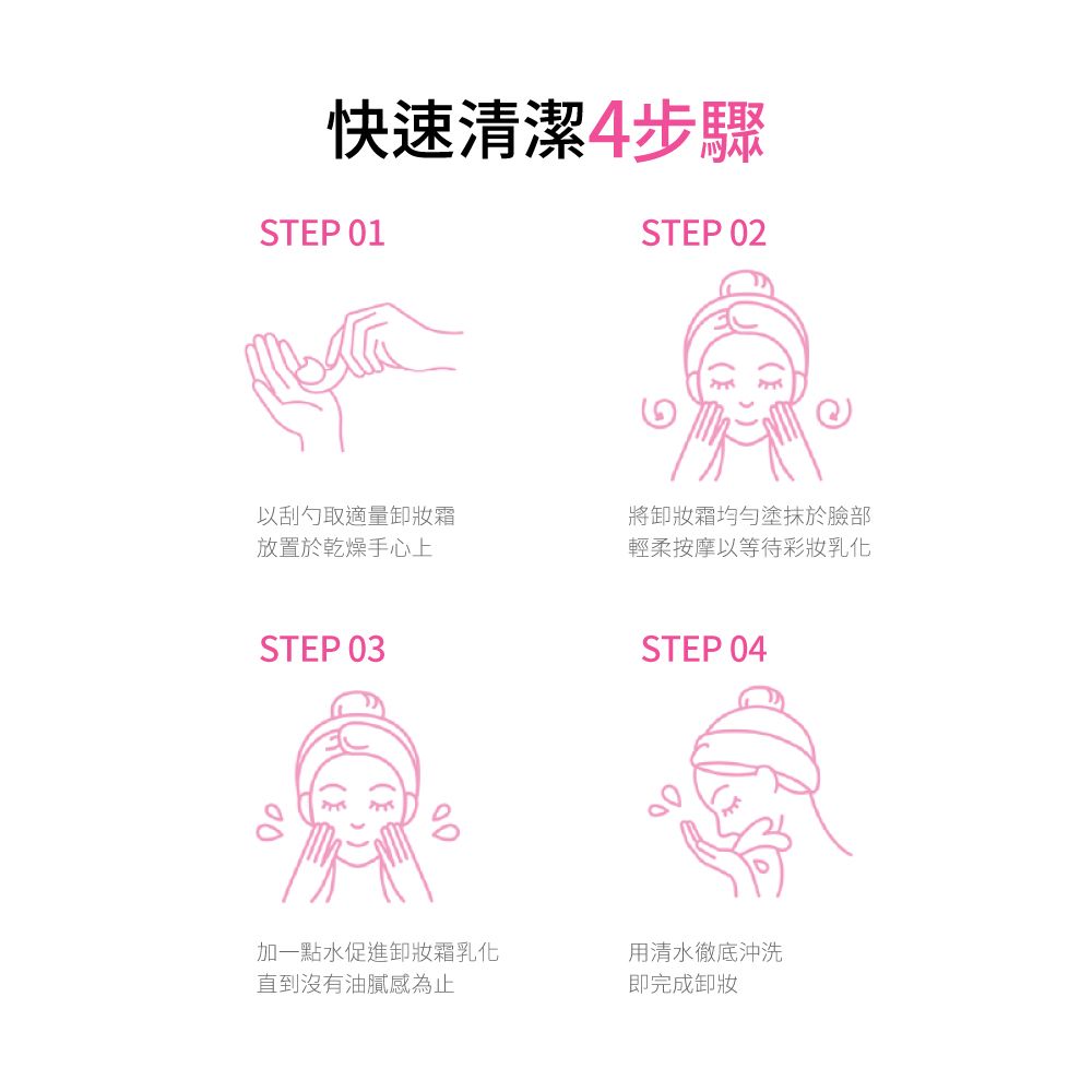 快速清潔步驟STEP 01以刮勺取適量卸妝霜放置於乾燥手心上STEP 0300STEP 02將卸妝霜均勻塗抹於臉部輕柔按摩以等待彩妝STEP 04加一點水促進卸妝霜乳化用清水徹底沖洗直到沒有油膩感為止即完成卸妝