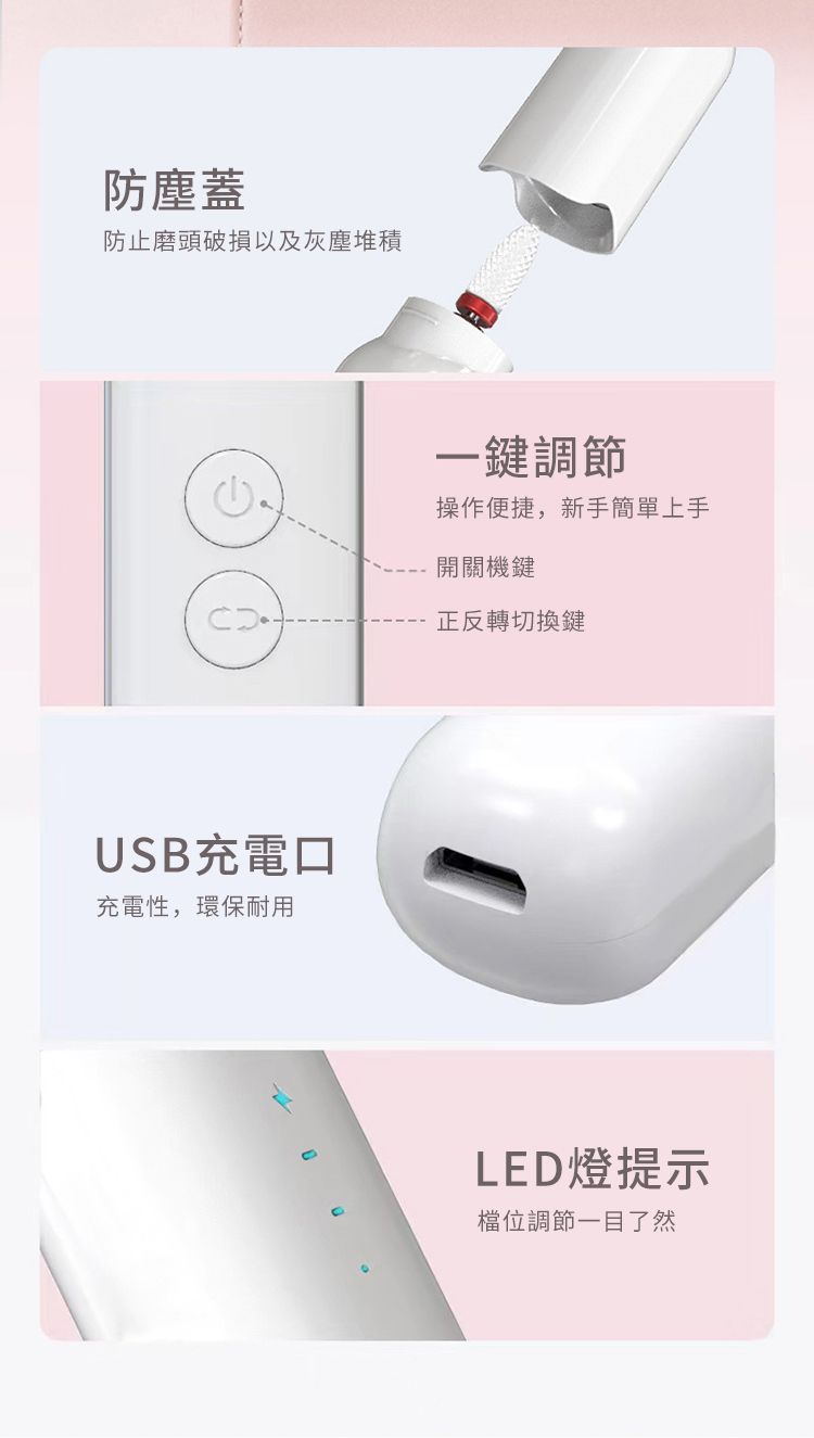 防塵蓋防止磨頭破損以及灰塵堆積USB充電口充電性,環保耐用一鍵調節操作便捷,新手簡單上手開關機鍵正反轉切換鍵LED燈提示調節一目了然