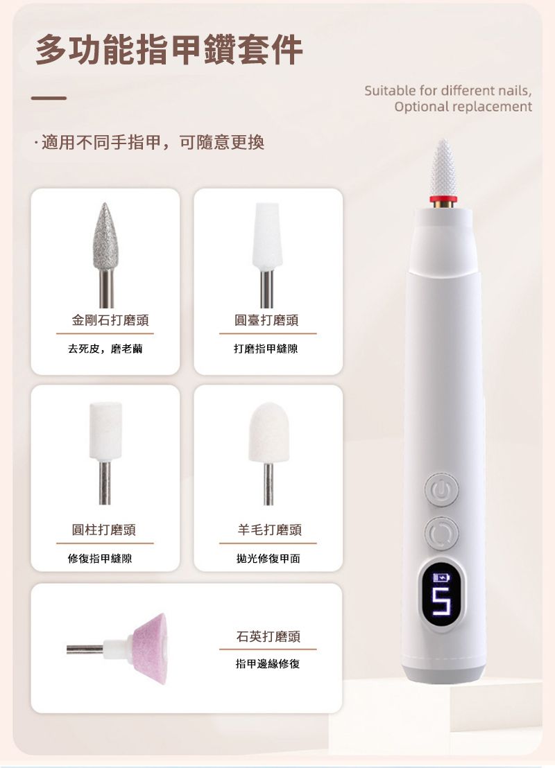 多功能指鑽套件適用不同手指甲可隨意更換Suitable for different nails,Optional replacement金剛石打磨頭圓臺打磨頭去死皮,磨老蘭打磨指甲縫隙-圓柱打磨頭羊毛打磨頭修復指甲縫隙拋光修復甲面石英打磨頭指甲邊緣修復