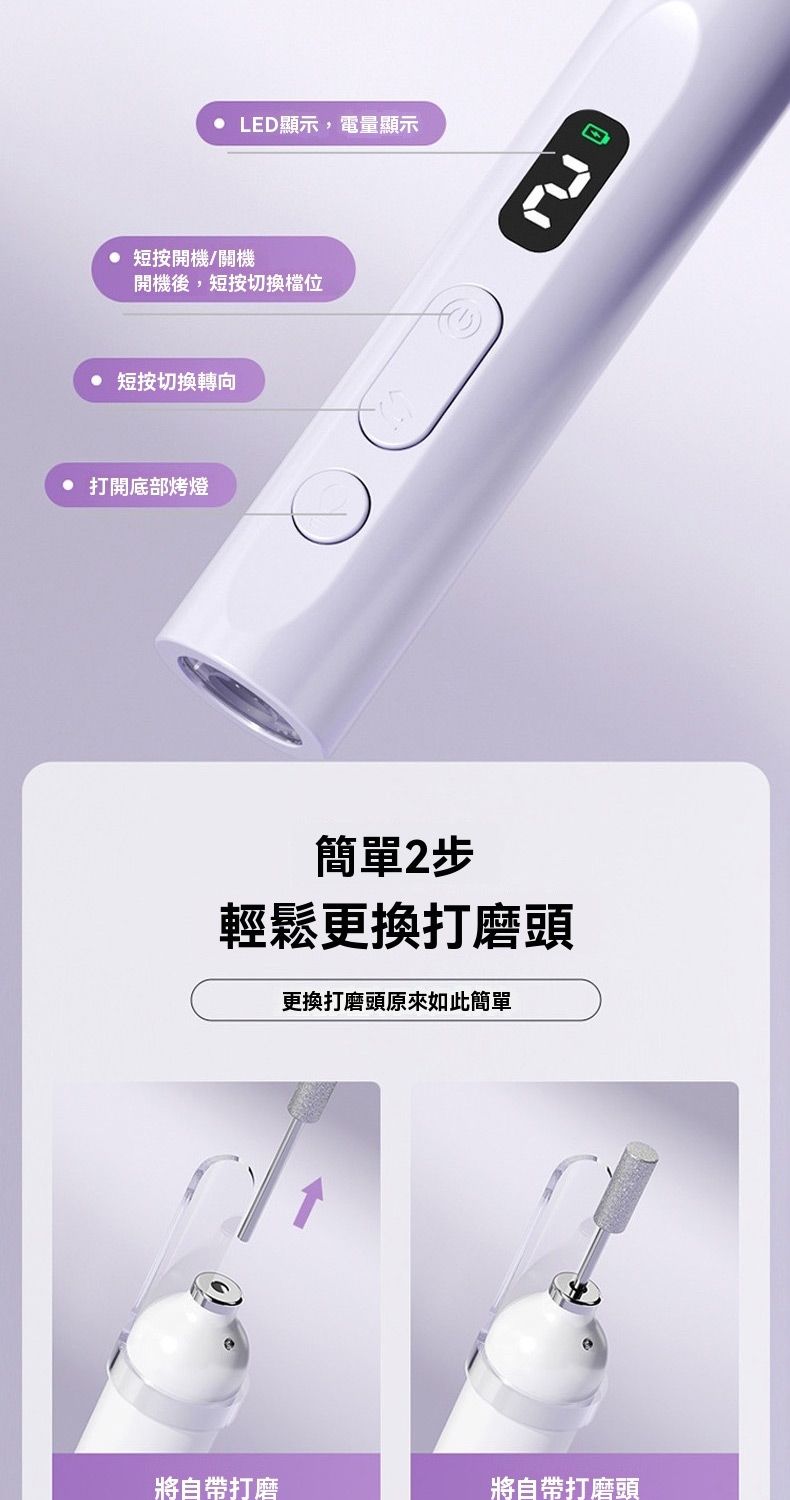 LED顯示,電量顯示短開機/關機開機後,短按切換檔位短按切換轉向打開底部烤燈簡單2步輕鬆更換打磨頭更換打磨頭原來如此簡單將自帶打磨將自帶打磨頭