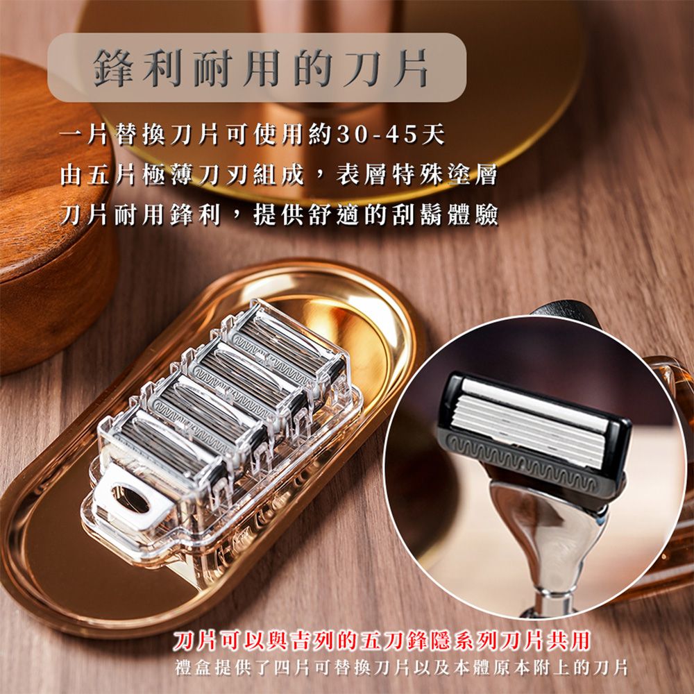 鋒利耐用的刀一片替換刀片可使用約30-45天由五片極薄刀刃組成,表層特殊塗層刀片耐用鋒利,提供舒適的刮鬍體驗刀片可以吉列的刀鋒隱系列刀片共用禮盒提供了四片可替換刀片以及本體原本附上的刀片