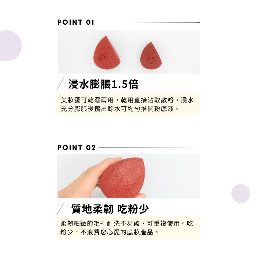 POINT 01浸水膨脹1.5倍美妝蛋可乾濕兩用,乾用直接沾取散粉,浸水充分膨脹後擠出餘水可均勻推開粉底液。POINT 02質地柔韌 吃粉少柔韌細緻的毛孔耐洗不易破,可重複使用。吃粉少,不浪費您心愛的底妝產品。