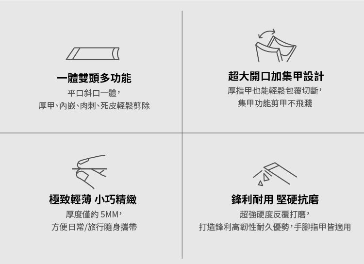 一體雙頭多功能平口斜口一體厚甲、內嵌、肉刺、死皮輕鬆剪除極致輕薄 小巧精緻厚度僅約5MM,方便日常/旅行隨身攜帶超大開口加集甲設計厚指甲也能輕鬆包覆切斷,集甲功能剪甲不飛濺鋒利耐用 堅硬抗磨超強硬度反覆打磨,打造鋒利高韌性耐久優勢,手腳指甲皆適用