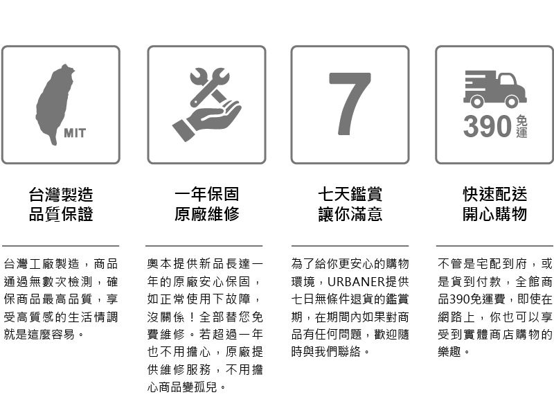 MITપે7390台灣製造品質保證一年保固原廠維修七天鑑賞讓你滿意快速配送開心購物台灣工廠製造,商品通過無數次檢測,確保商品最高品質,享受高質感的生活情調就是這麼容易。奧本提供新品長達一年的原廠安心保固,如正常使用下故障,沒關係!全部替您免費維修。若超過一年也不用擔心,原廠提供維修服務,不用擔心商品變孤兒。為了給你更安心的購物環境,URBANER提供七日無條件退貨的鑑賞期,在期間內如果對商品有任何問題,歡迎隨時與我們聯絡。不管是宅配到府,或是貨到付款,全館商品390免運費,即使在網路上,你也可以享受到實體商店購物的樂趣。