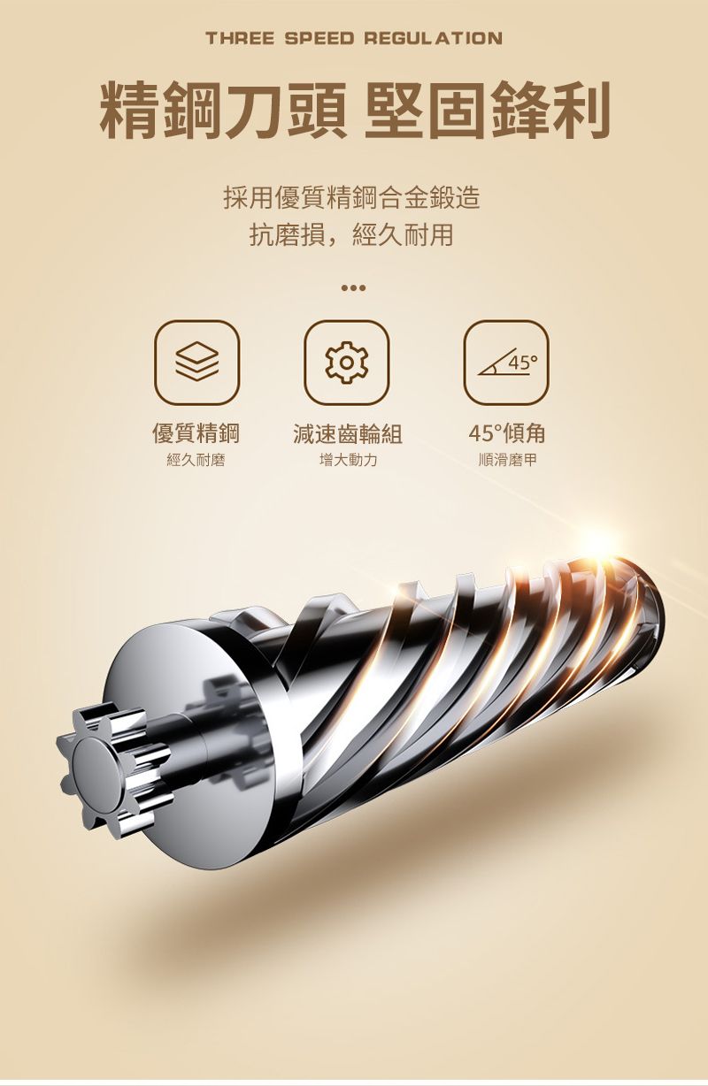 THREE SPEED REGULATION精鋼刀頭 堅固鋒利採用優質精鋼合金鍛造抗磨損,經久耐用 優質精鋼減速齒輪組45°傾角經久耐磨增大動力順滑磨甲
