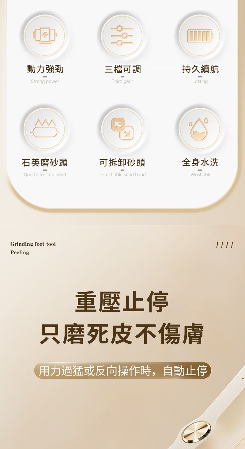 動力強勁三檔可調持久續航Strong powerThird gearLasting石英磨砂頭可拆卸砂頭全身水洗Quartz frosted headDetachable sand headWashableGrinding foot toolPeeling重壓止停只磨死皮不傷用力過猛或反向操作時,自動停