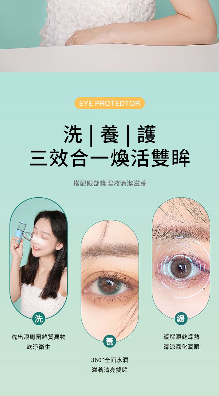 EYE PROTEDTOR洗|護三效合一活雙眸搭配眼部護理液清潔滋養洗洗出眼周圍雜質異物養乾淨衛生360°全面水潤滋養清亮雙眸緩解眼乾燥熱清涼霧化潤眼