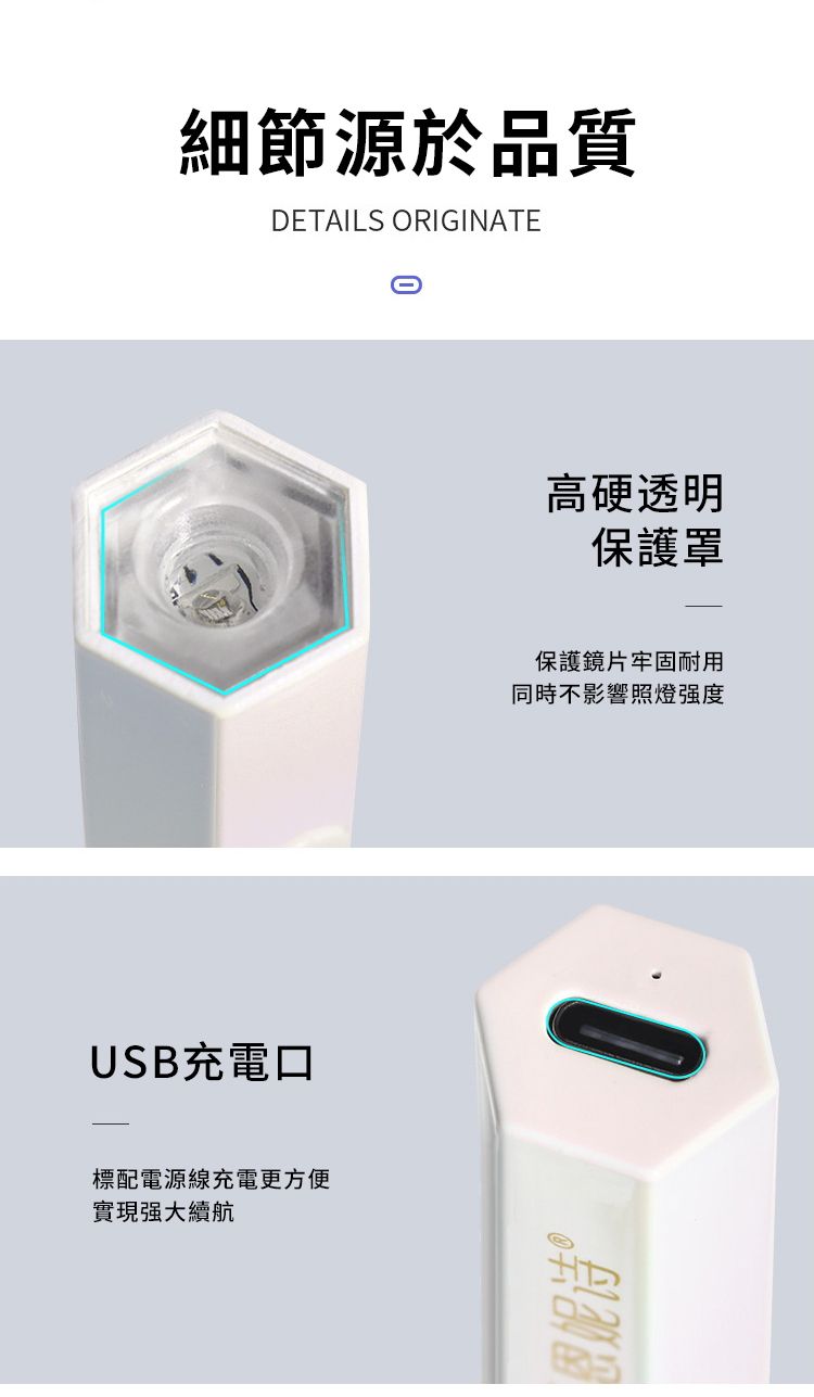 USB充電口標配電源線充電更方便實現續航細節源於品質DETAILS ORIGINATE恩妮诗®高硬透明保護罩保護鏡片牢固耐用同時不影響照燈强度