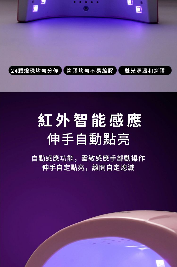 24顆燈珠均勻分佈烤膠均勻不易縮膠雙光源溫和烤膠紅外智能感應伸手自動點亮自動感應功能,靈敏感應手部動操作伸手自定點亮,離開自定熄滅