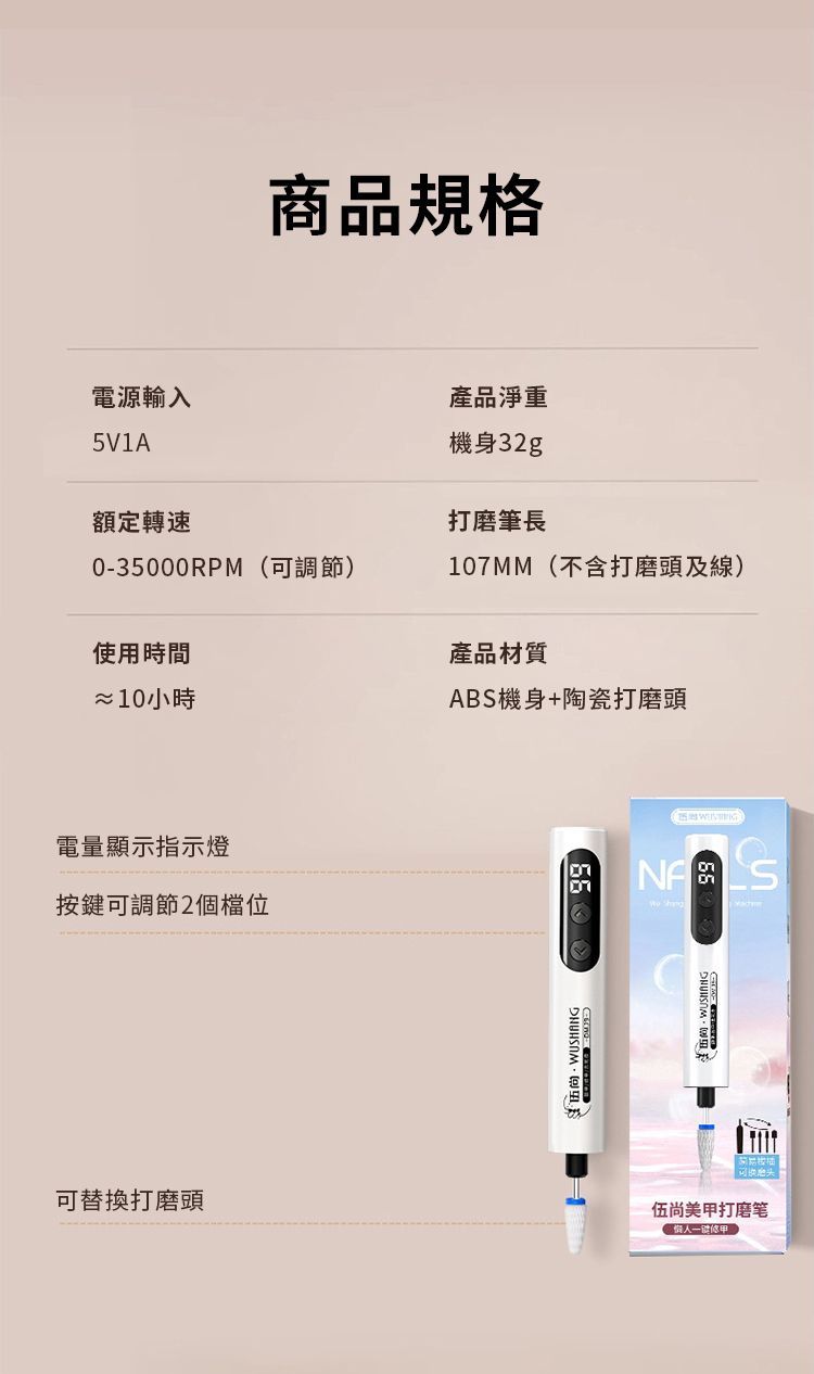 電源輸入5V1A額定轉速商品規格0-35000RPM(可調節使用時間≈10小時電量顯示指示燈按鍵可調節2個檔位可替換打磨頭產品淨重機身32g打磨筆長107MM(不含打磨頭及線)產品材質ABS機身+陶瓷打磨頭) 伍尚美打磨笔甲