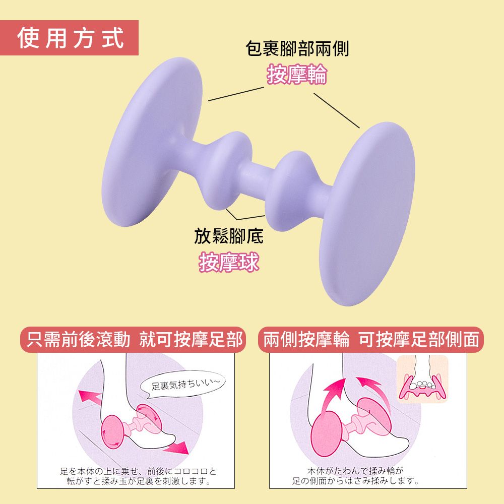 使用方式包裹腳部兩側按摩輪放鬆腳底按摩球只需前後滾動 就可按摩部兩側按摩輪 可按摩足部側面足足を本体の上に乗せ、 前後にコロコロと転がすと揉み玉が足裏を刺激します。本体がたわんで揉み輪が足の側面からはさみ揉みします。