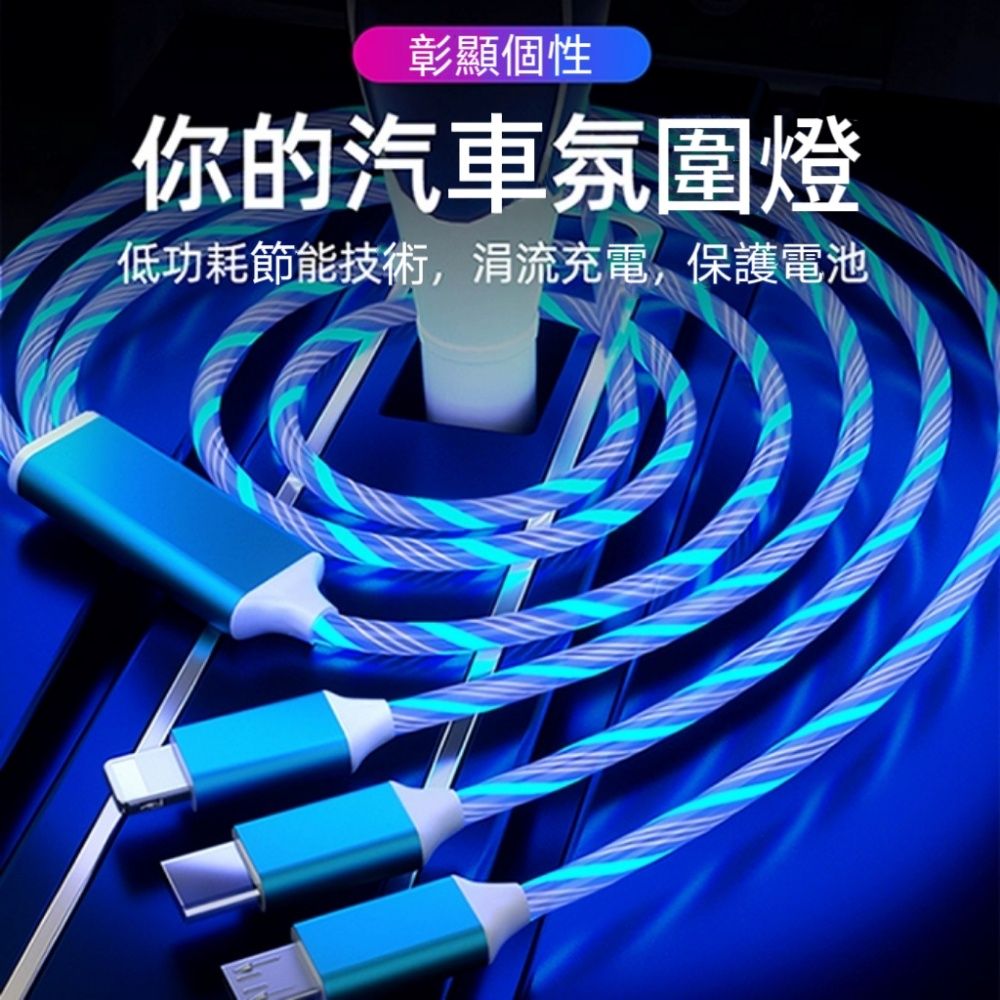  買一送一【PowerGlow】三合一氛圍充電線1.2米 車上充電也能營造氣氛燈