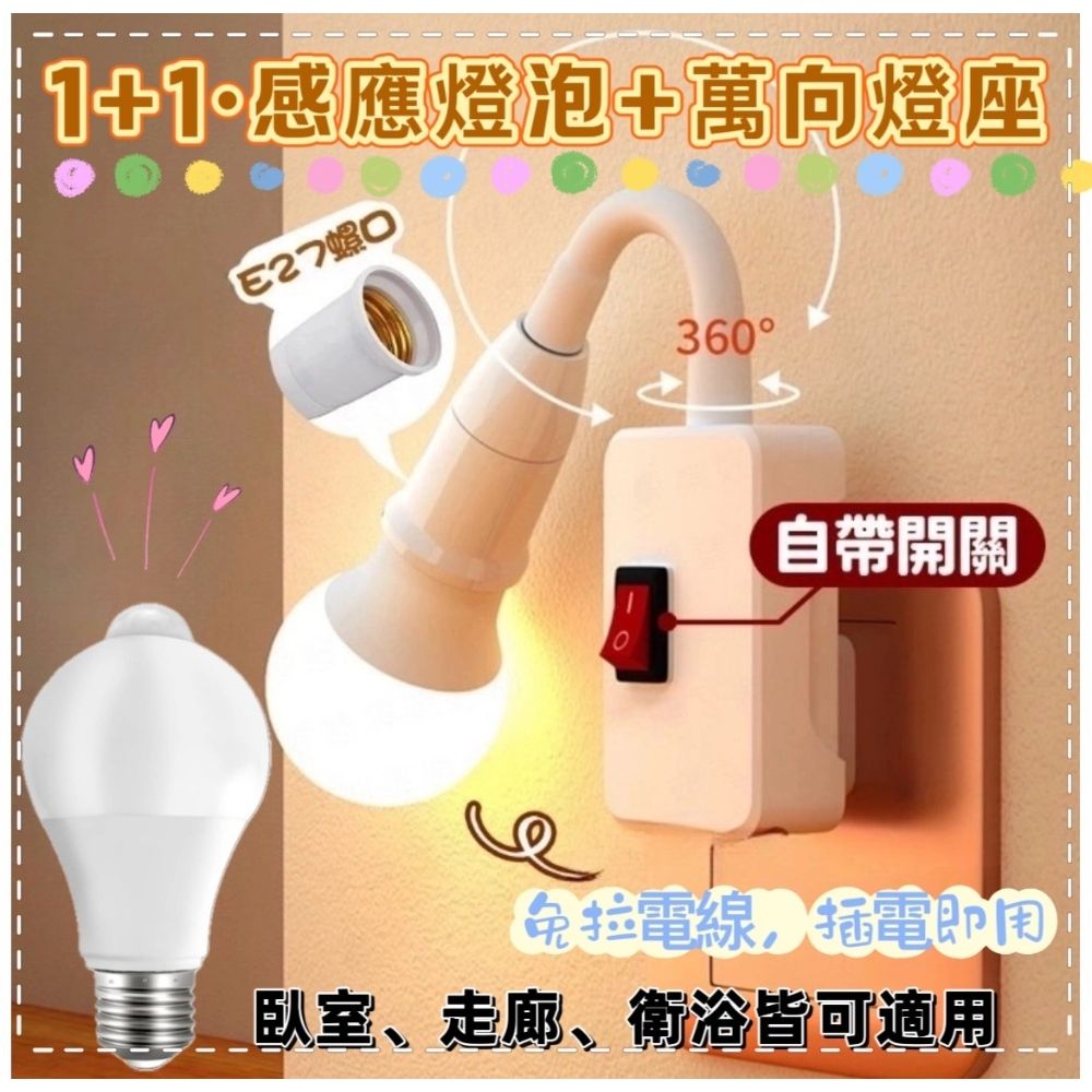  1+1 360度萬向燈座+E27人體感應紅外線燈泡組合.直接讓您整套帶走!