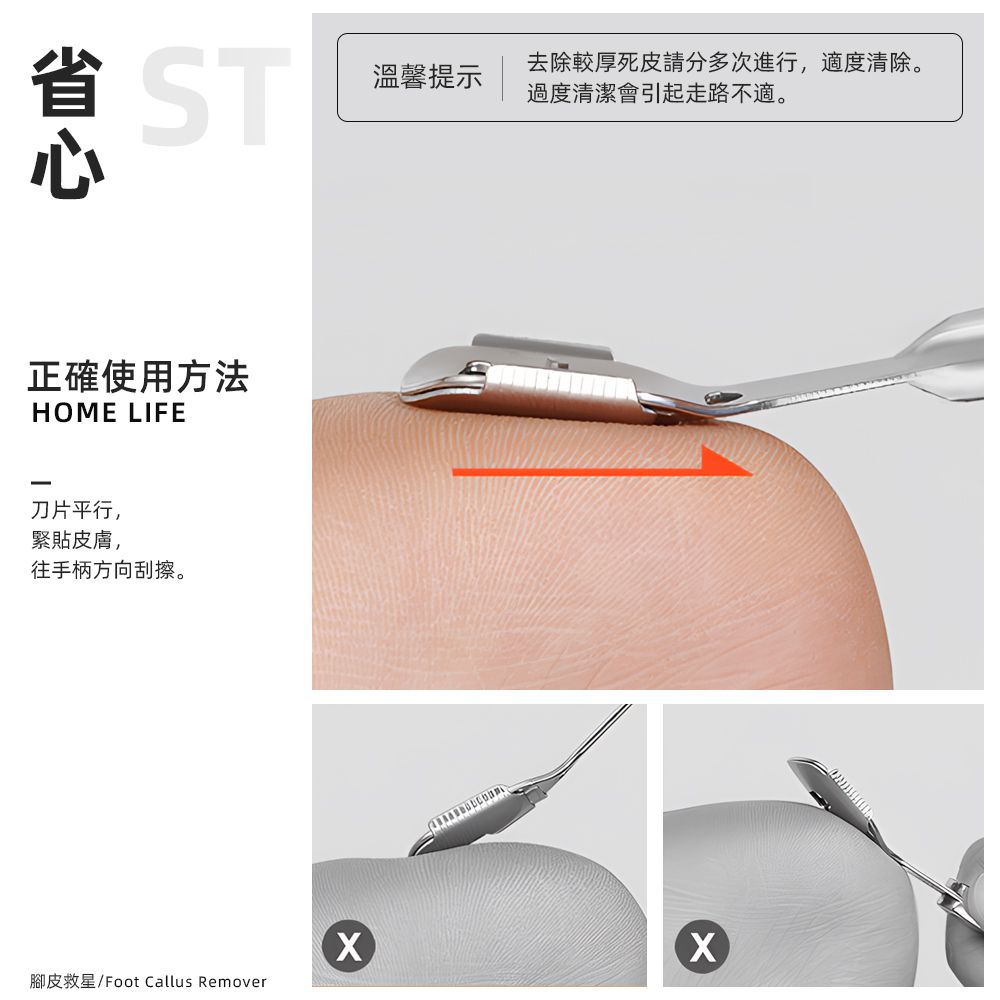 省 ST心溫馨提示去除較厚死皮請分多次進行,適度清除。過度清潔會引起走路不適。正確使用方法HOME LIFE刀片平行,緊貼皮膚,往手柄方向刮擦。腳皮救星/Foot Callus Remover