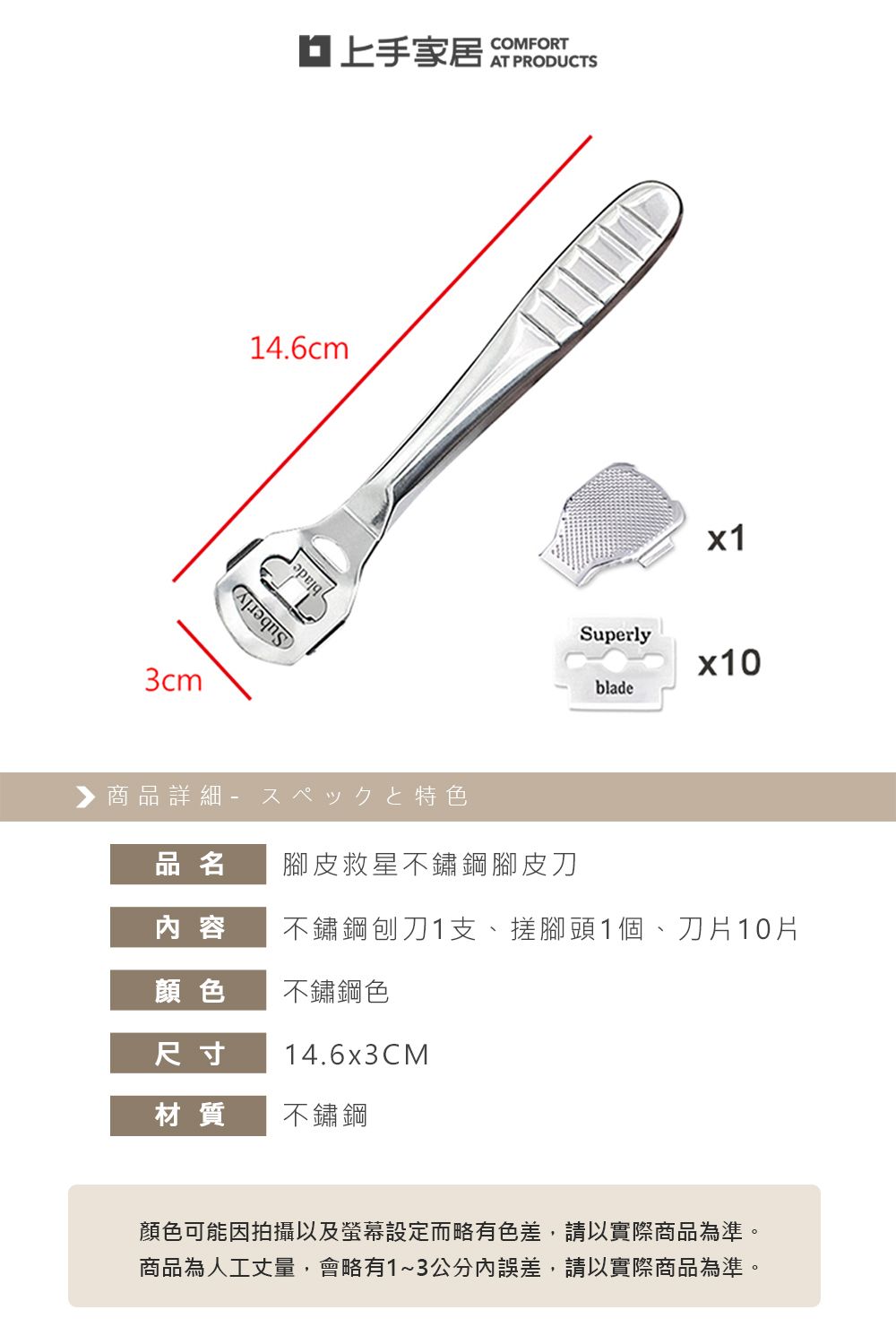 3cm家居COMFORT14.6cmSuberly▶ 商品詳細 特色x1Superlyx10blade品名腳皮救星不鏽鋼腳皮刀 容不鏽鋼刨刀1支、搓腳頭1個、刀片10片顏色不鏽鋼色尺寸14.6x3CM材質不鏽鋼顏色可能因拍攝以及螢幕設定而略有色差,請以實際商品為準。商品為人工丈量,會略有1~3公分誤差,請以實際商品為準。