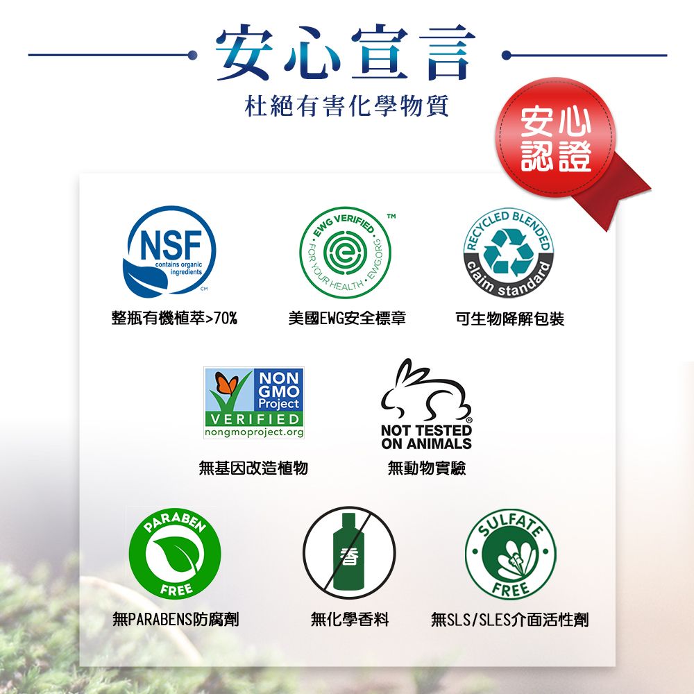 ·安心宣言杜絕有害化學物質安心認證NSFcontains organicingredientsTMPHEALTHRECYCLEclaimBLENDED整瓶有機植萃70%美國EWG安全標章可生物降解包裝NONGMOProjectVERIFIEDnongmoproject.orgNOT TESTEDON ANIMALS無基因改造植物無動物實驗PARABENFREEFREE無PARABENS防腐劑無化學香料無SLS/SLES介面活性劑