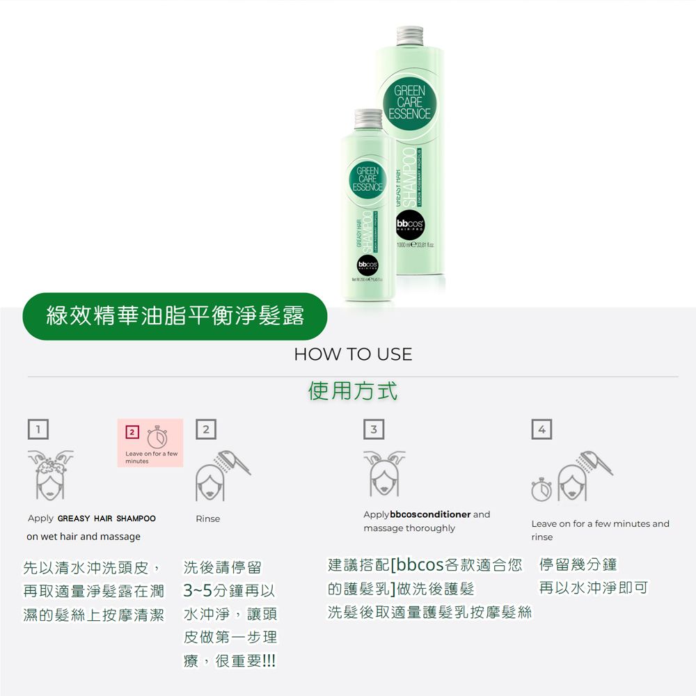 GREENCAREESSENCEGREENCAREESSENCEbbcos綠效精華油脂平衡淨髮露HOW TO USE使用方式2Leave on for a fewminutesApply GREASY HAIR SHAMPOOon wet hair and massageRinse4Apply bbcos conditioner andmassage thoroughlyLeave on for a few minutes andrinse先以清水沖洗頭皮,再取適量淨髮露在潤濕的髮絲上按摩清潔洗後請停留3~5分鐘再以水沖淨,讓頭皮做第一步理療,很重要!!!建議搭配各款適合您 停留幾分鐘的護髮乳]做洗後護髮再以水沖淨即可洗髮後取適量護髮乳按摩髮絲