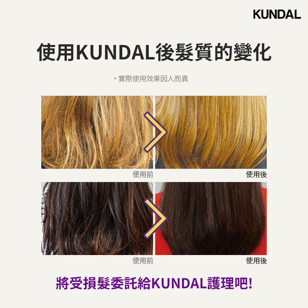 KUNDAL使用KUNDAL後髮質的變化*實際使用效果因人而異使用前使用後使用前使用後將受損髮委託給KUNDAL護理吧!