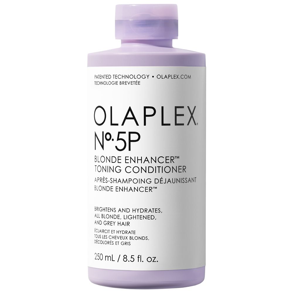 PATENTED TECHNOLOGY OLAPLEX.COTECHNOLOGIE BREVETÉEOLAPLEXBLONDE ENHANCERMTONING CONDITIONERAPRÈS-SHAMPOING DÉJAUNISSANTBLONDE ENHANCERBRIGHTENS AND HYDRATESALL BLONDE LIGHTENEDAND GREY HAIRECLAIRCIT ET HYDRATETOUS LES CHEVEUX BLONDS, ET GRIS250 mL8.5 fl. oz.