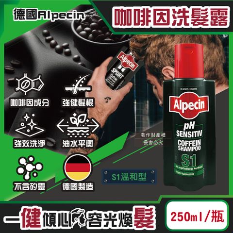 德國Alpecin-強健髮根控油無矽靈咖啡因洗髮凝露-S1溫和型250ml/瓶