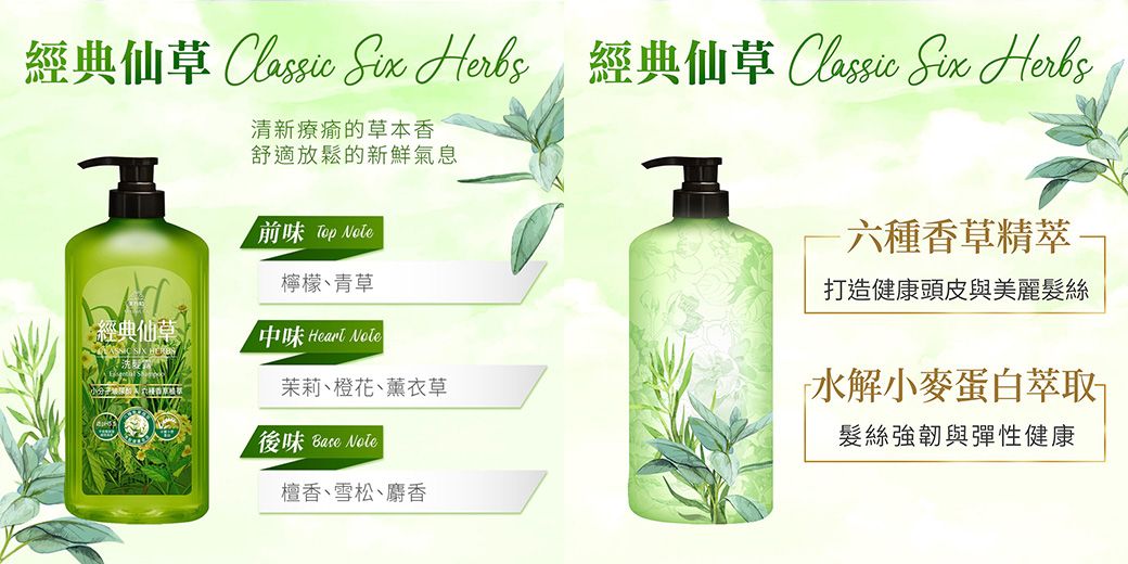 Classic Six Herbs Classic Six Herbs清新療瘉的草本香舒適放鬆的新鮮氣息前味 Top 六種香草打造健康頭皮與美麗髮絲檸檬、青草經典仙草中味 Heart 茉莉、橙花、薰衣草水解小麥蛋白萃取後味  Note檀香、雪松、麝香髮絲強韌與彈性健康