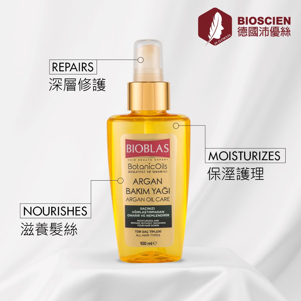 REPAIRS深層修護 ELEMENTS德國沛優絲BIOSCIENNOURISHES滋養髮絲BIOBLASHEALTH EXPERTBotanic OilsBESLEYİCİ VE ONARICIARGANBAKIM YAĞIARGAN OIL CAREINIZIAĞIRLAŞTIRMADANONARIR VE NEMLENDİRİRMOISTURIZES ANDREPAIRS WITHOUT WEIGHINGYOUR HAIR DOWN SAÇ ALL HAIR TYPES100mleMOISTURIZES保溼護理