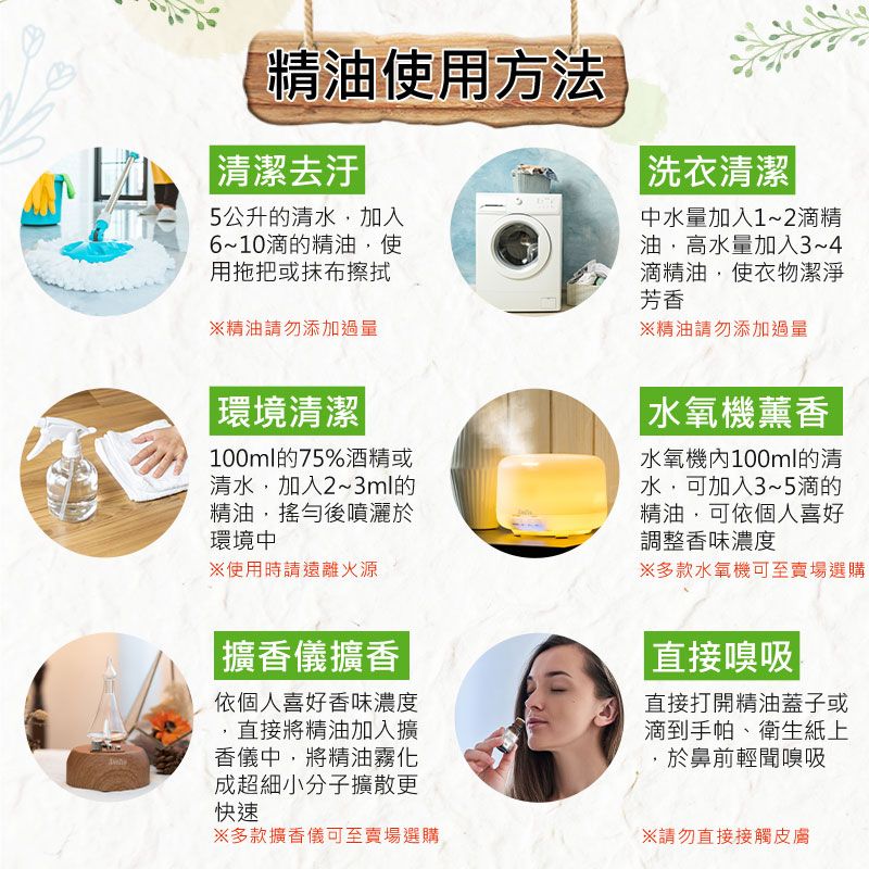 精油使用方法清潔去汙|5公升的清水加入6~10滴的精油,使用拖把或抹布擦拭精油請勿添加過量|洗衣清潔|中水量加入1~2滴精油,高水量加入3~4滴精油,使衣物潔淨芳香精油請勿添加過量|環境清潔|100ml的75%酒精或清水,加入2~3ml的精油,搖勻後噴灑於環境中※使用時請遠離火源|水氧機薰香水氧機100ml的清水,可加入3~5滴的精油,可依個人喜好調整香味濃度※多款水氧機可至賣場選購擴香儀擴香依個人喜好香味濃度,直接將精油加入擴香儀中,將精油霧化成超細小分子擴散更快速|直接嗅吸直接打開精油蓋子或滴到手帕、衛生紙上,於鼻前輕嗅吸※多款擴香儀可至賣場選購※請勿直接接觸皮膚