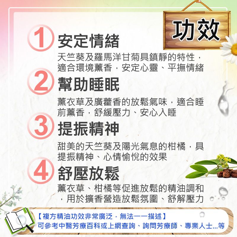 安定情緒功效天竺葵及羅馬洋甘菊鎮靜的特性,適合環境薰香,安定心靈、平撫情緒2 幫助睡眠薰衣草及廣藿香的放鬆氣味,適合睡前薰香,舒緩壓力、安心入睡 提振精神甜美的天竺葵及陽光氣息的柑橘,具提振精神、心情愉悅的效果4 舒壓放鬆薰衣草、柑橘等促進放鬆的精油調和,用於擴香營造放鬆氛圍、舒解壓力 【複方精油功效非常廣泛,無法描述】可參考中醫芳療百科或上網查詢、詢問芳療師、專業人士...等