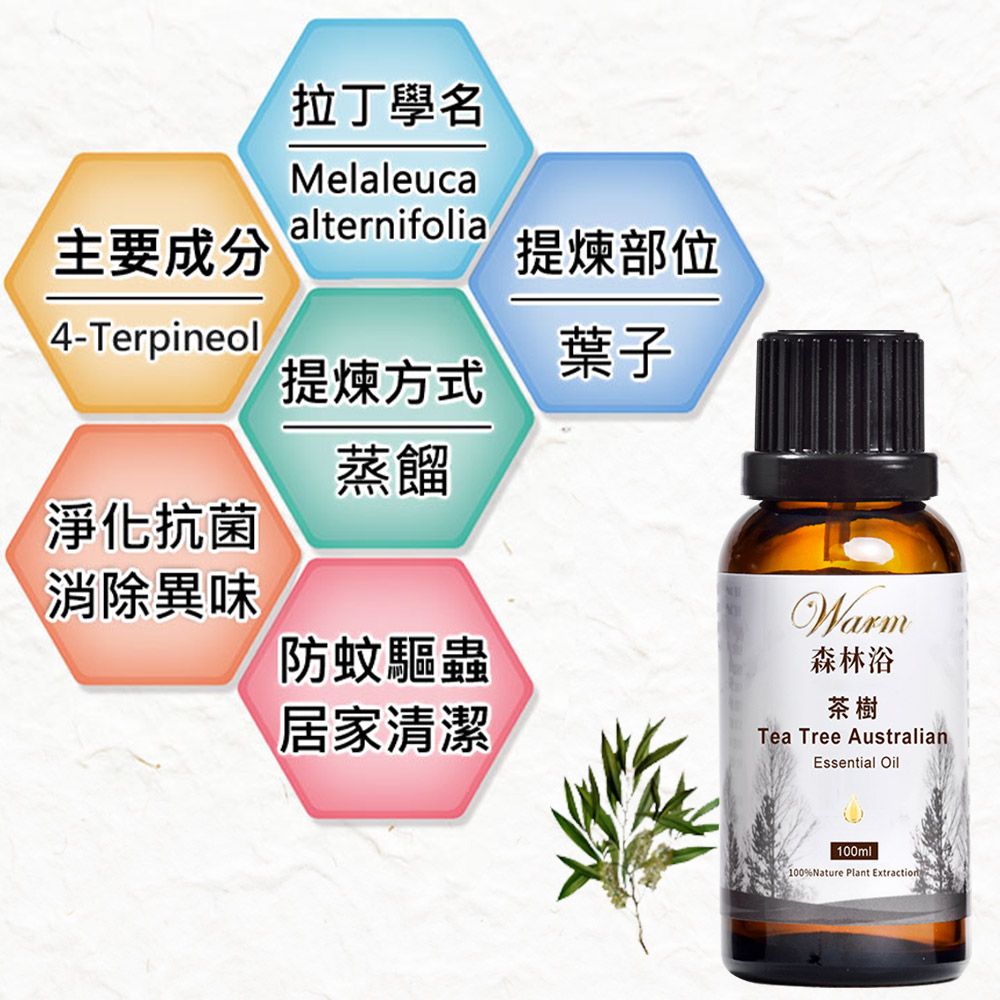 Warm 森林浴單方純精油-100ml醒目薰衣草+100ml茶樹+30ml甜橙(居家必備精油組)