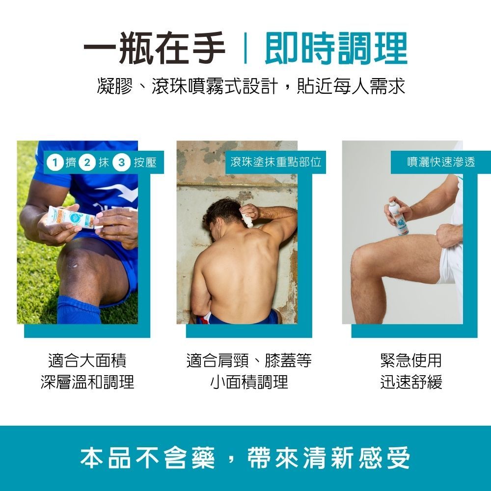 一瓶在手即時調理凝膠滾珠噴霧式設計,貼近每人需求12抹 按壓滾珠塗抹重點部位噴灑快速滲透適合大面積深層溫和調理適合肩頸、膝蓋等緊急使用小面積調理迅速舒緩本品不含藥,帶來清新感受