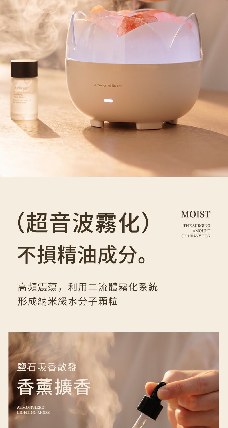 Aroma diffuser(超音波霧化)不損精油成分。高頻震蕩,利用二流體霧化系統形成納米級水分子顆粒MOISTTHE SURGINGAMOUNTOF HEAVY FOG鹽石吸香散發香薰擴香ATMOSPHERELIGHTING MODE