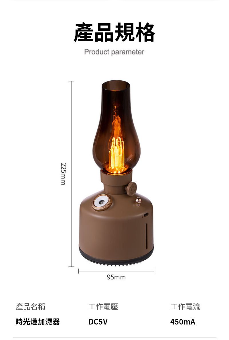 產品規格Product parameter225mm95mm產品名稱工作電壓工作電流時光燈加濕器DC5V450mA