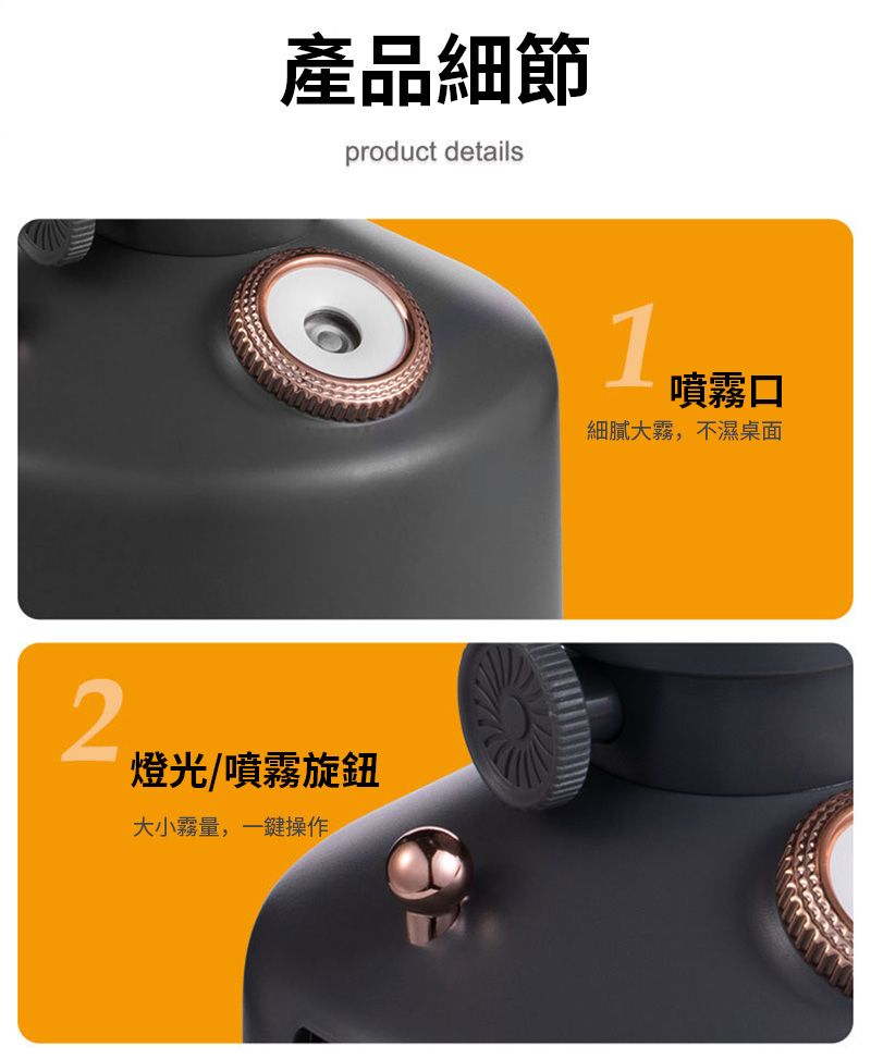 產品細節product details2燈光/噴霧旋鈕大小霧量,一鍵操作1噴霧口細膩大霧,不濕桌面