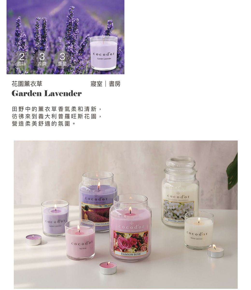 23甜味涼爽重量花園薰衣草Garden Garden Lavender寢室|書房田野中的薰衣草香氣柔和清新彷彿來到義大利普羅旺斯花園營造柔美舒適的氛圍。,cocodor Lavendercocodor cocodor RoseDAMSON ROSEcocodor JASMIcocodor