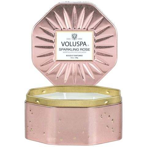 Voluspa 美國原廠正品  玫瑰氣泡 八角3芯錫盒香氛蠟燭 SPARKLING ROSE 12oz/340g 華麗年代系列