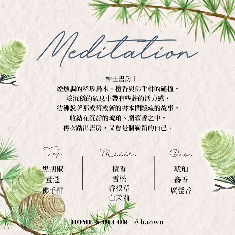 Meditation「紳士書房|煙燻調的稀珍烏木檀香與佛手柑的碰撞,讓沉穩的氣息中帶有些許的活力感,彷彿說著那或舊或新的書本間隱藏的故事,收結在沉靜的琥珀、廣藿香之中,再次踏出書房,又會是個嶄新的自己檀香雪松黑胡椒琥珀荳蔻麝香佛手柑香根草廣藿香白茉莉HOME  DECOR @haowu