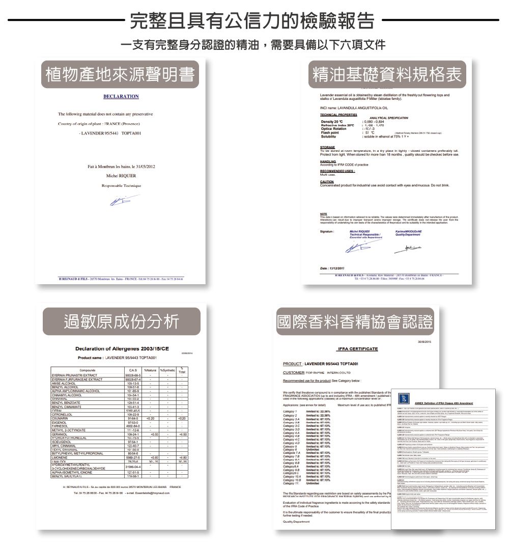 完整公信力的檢驗報告一支有完整身分認證的精油需要具備以下六項文件植物產地來源聲明書|精油基礎資料規格表DLRION   does   ny preservive      LAVENDER 95/54     b le / RIQUIER                        LAVANDULA ANGUSTIFOLIA   0   20Opica STORAGE SPEIFICATION    C        at    a      Protect   When sred  more  18 mths,   be checked bee ANDLING                  not H     les   過敏原成份分析Declaration  Allergenes 2003/15/CEProduct  LAVENDER 95/5443                     as  T  國際香料香精協會認證 CERTIFICATE PRUNASTRI   EVERNIA  EXTRACT  ALPHA AM  CNNAMYL ALCOHOL10541ONNAMAL BENZOATE COUMARIN4METHYL 2GERANIOL  CINNAMALBUTYLPHENYL METHYLPROPIONALLMONENEYCLOHEXENECARBOXALDEHYDEALPHABENZYL PRODUCT LAVENDER 95/5443 CUSTOMER TOP    for            in       AGRANCE    and  IFRA            от  for  2 A       FR 1       %  3C   4 C       A     31906--4   -    FRANCE 04   -     % % % %  %  %%  % % %% %The       on   by t  E    and         to       of      of   to  the  of the