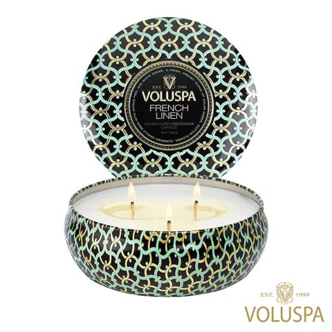 Voluspa 黑屋系列 FRENCH LINEN 法國亞麻 3芯錫蠟燭340g 香氛蠟燭