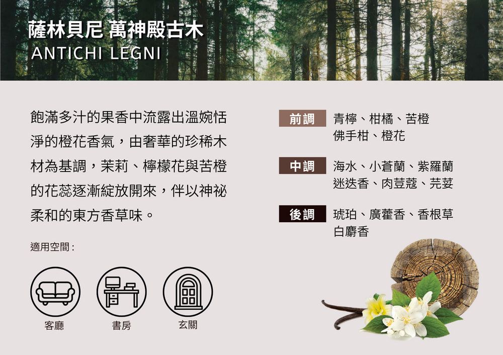 薩林貝尼 萬神殿古木ANTICHI LEGNI飽滿多汁的果香中流露出溫婉恬淨的橙花香氣,由奢華的珍稀木材為基調,茉莉、檸檬花與苦橙的花蕊逐漸開來,伴以神祕柔和的東方香草味。前調青檸、柑橘、苦橙佛手柑、橙花中調海水、小蒼蘭、紫羅蘭迷迭香、肉荳蔻、芫荽後調琥珀、廣藿香、香根草白麝香適用空間:客廳書房玄關