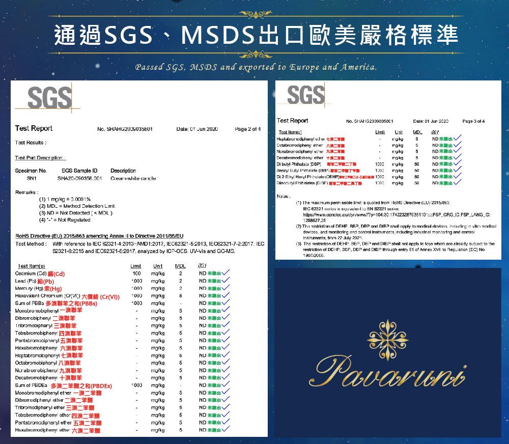 通過MSDS口歐美嚴格標準SGSPased SGS MSDS and expored  Europe and merica Report SHAHG00903Date 0 Jun 2020Page 2  4 Test  SGSTest ReportTest    A  SHAHG20090380Date 0 Jun 2020Page 3 of 4 Unit55 ether 5   1000 Benzyl   100050ND Di2   DEHP   501000 50NDND Specimen SGS Sample IDDescriptionSHA20090358eamwhile SN1Remarks1 1  00001%2  Method  Limit3 ND   Detected  MDL4  Not Regulated Directive EU  amendg Annex   Directive 201165EUTest Method With reference  IEC 42013AMD 12017 IEC62321-52013 IEC62321-7-2:2017 IEC62321-6:2015 and IEC62321-6:2017  by ICP-OES UV-V and GC-MS.1) The  permsible limit is quoted   Directive EU) 2015863IEC 62321  is   EN 62321   FSP_LANG_ID:1258637252) The  of DEHP   and   apply to    in  devices and  and   including   and control  22  .3) The restriction of DEHP.   and   not apply to  which are  subject to therestriction of DEHP  DBP and  through entry  of Annex  to  EC) No.Test s)Cecmium () (Cd)Lead ()(Pb)Limit1001000UntMDL0012ND 2ND  () (Hg)1000 kg2ND Hexavalent Chromum (())(Cr())1000 kg8ND  of  多聯苯和(PBBs)1000 kgND Monobro mobiphenyl-kg5ND  聯苯kg5ND  三聯苯kg5ND ,Tetrabromobipheny 澳聯苯kg5ND出,聯苯kg5ND 出Hexabromobipheny 六聯苯kg5ND 出 t/kg5ND Octabromobiphenyl 八聯苯/kg5ND 出,Ncrabromobipheny 九澳聯苯/kg5ND 出,Decabromobipheny /kg5ND 未出:Sum of  多之和(PBDEs)1000/kg -ND 未出Monobro m ether /kg5ND 未驗出Dibrom odiphenyl ether 二苯醚/kg5ND 未驗出,Tribromodipheryl ethermg/kg5ND 未Tetrabromodipheny  四二苯醚mg/kg.5ND未Pentabromodiphenyl ethermg/kg5ND 未驗出、Hexabromodiphenyl ethermg/kg5ND 未驗出Pavaruni