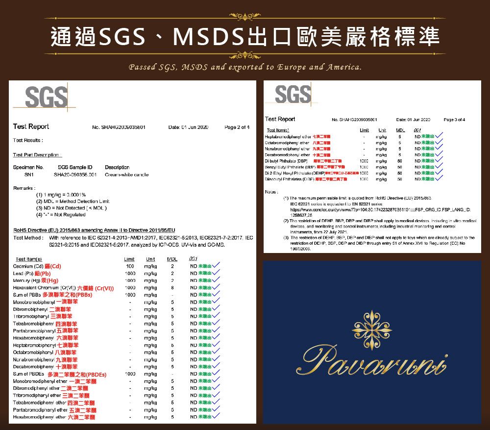 通過MSDS口歐美嚴格標準SGSPased SGS MSDS and exored  Europe and America Repor SHAHG009038Date 0 Jun 020Page 2   Test  Specimen SGS Sample IDDescriptionSNSHA200903800while SGSTest ReportTest   t Date 01 Jun 2020Page 3  4Unit Octabromodipheny 5  5  ether  5ND Di  50NDBenzyl   100050ND Di 2       50ND 100050ND 1 1  0.0001%2  Method Detection 3 ND  Not Detected  MDL4  Not Regulated Directive )  amending Annex   Directive 201165EUTest Method  reference  IEC 42013AMD 12017 IEC62321-52013 IEC62321-7-22017 IEC62321-62015 and IEC62321-62017 analyzed by ICP- - and GC-MS.1) The  permsible limit  quoted   Directive EU) 2015863IEC 62321  is equivalent to EN  :p104:: FSP LANG_ID:1258637252) The  of DEHP   and   apply to    in  devices and  and   including   and  from 22 July 2021.3) The restriction of DEHP ,  and DIBP  not apply to  which are   to therestriction of DEHP, , DBP and DBP  entry 51 of Annex  to  EC) No19072006.Test (s)Limit Unt MDL001Cecmium () ()Lead () (Pb)1001000 2ND 2ND  () (Hg)Hexavalent  (())(()) of  多聯苯之和(PBBs)1000 kg1000 kg1000kg2ND 8ND NDMonobro mobiphenyl-kg5ND Dibromobiphenyl 聯苯kg5ND Tribromobipheryl 三聯苯kg5ND Tetrabromobiphenyl 聯苯kg5ND 聯苯/kg5ND Hexabromobipheny 澳聯苯/kg5ND t/kg5ND Octabromobiphenyl 八聯苯/kg5ND 出Ncrabromobicheny 九聯苯/kg5ND 未Decabromobipheny/kg5ND 未出Sum of  多二苯醚之和(PBDEs)1000 /kgND 未Monobro modiphenyl ether -/kg5ND未出 ather 二苯/kg5ND 未Tribromodipheryl ether/kg5ND 未出Tetrabromodiphony 四二苯醚/kg5ND未出Pentabromodiphenyl ethermg/kg5ND 未驗出 ethermg/kg5ND 未、Pavaruni