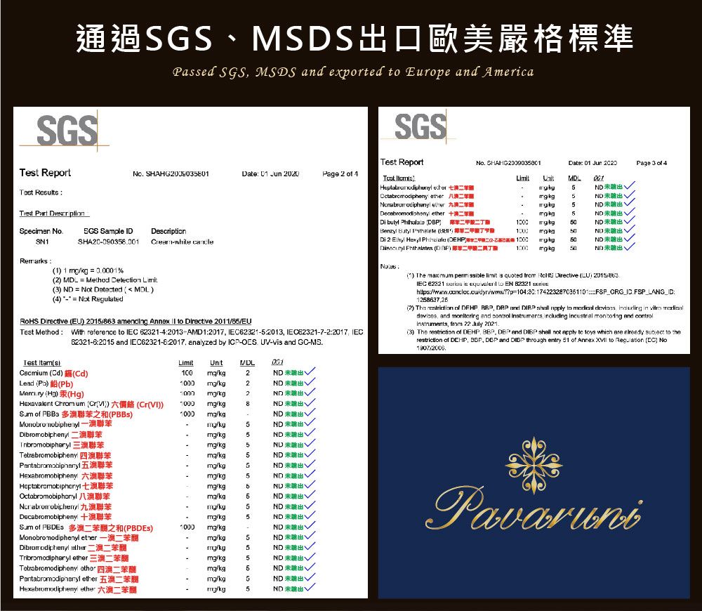 通過MSDS口歐美嚴格標準SGSPased SGS MSDS and expored  Europe and America Repor SHAHG009038Date 0 Jun 2020Page 2  4   SGSest ReportTest   t SHAHG20090380Date 0 Jun 2020Page 3  45  5  5ND  ether 5ND Di   TND Benzyl     50NDDi 2       50ND 50ND Specimen SGS Sample IDDescriptionSHA20090358001eamwhile SN11 1  00001%2 MDL  Method Detection 3 ND Not Detected MDL4 Regulated Directive ) 2015863  Annex   Directive 2011EUTest Method  reference to  6232142013AMD 12017 IEC6232152013 IEC62321722017 IEC62321-6:2015 and IEC62321-6:2017 analyzed by ICP-OES U- and GC-MSNo1) The  permsible limit  quoted   Directive EU) 2015863IEC 62321  is  to EN    FSP LANG_ID:1258637252) The  of DEHP   and   apply     in  devices and  and  Instruments including   and control  22  2021.3) The restriction of DEHP , DBP and   not apply to  which are  subject to therestriction of DEHP, , DBP and  through entry  of Annex  to  EC) No.Test s)LimitMDL001Cecmium () (Cd)1002ND 出Lead () (Pb)10002ND 出 () (Hg)1000kg2NDHexavalent  um (Cr) (Cr())1000kg.8ND  of : 之和(PBBs)1000kg-ND Monobro mobiphenyl-kg5ND 出Dibromobchenyl 聯苯kg5ND Tribromobipheryl 三聯苯Tetrabromobipheny 四聯苯Pantabromobiphenyl五聯苯Hexabromobipheny 澳聯苯 t-kg5ND 出kg5ND /kg5ND 出/kg5ND 出/kg. 5ND 出Octabromobiphenyl 八澳聯苯/kg5NDNorabrorobicheny 九澳聯苯/kg5ND 出,Decabromobipheny/kg5ND Sum of  二苯之和(PBDEs)1000/kg-ND 驗出Monobro modiphenyl ether -/kg5ND 驗出Dibron  ether 二苯/kg5.ND 驗出丶Tribromodipheryl ether/kg5ND 未驗出Tetrabromodipheny otho 四二苯醚/kg5ND 未驗出、 ethermg/kg5ND ethermg/kg5ND出VPavaruni