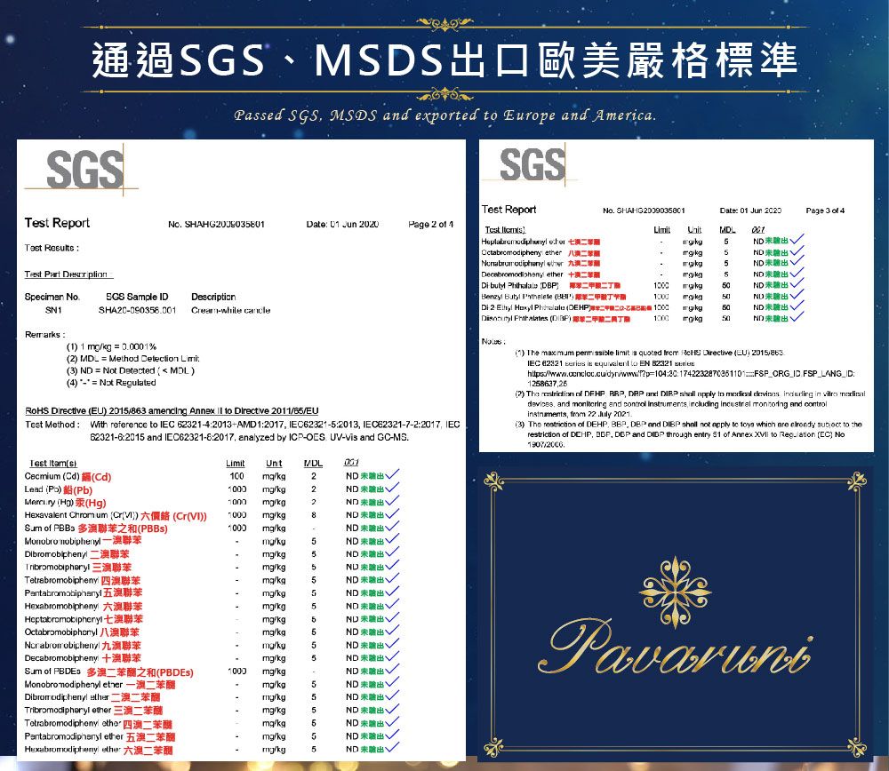 通過MSDS口歐美嚴格標準SGSPased SGS MSDS and exored  Europe and merica Report SHAHG00903Date 0 Jun 2020Page 2     Specimen SGS Sample IDDescriptionSNSHA2009038eamwhile SGSTest ReportTest   t  SHAHG2009035801Date 01 Jun Page 3 of 4Limit 0015く5  5  5 Di buty  二丁Benzyl   Di 2   DEHP     505050NDNDND1 1  00001%2   Method Detection Limit3 ND  Detected MDL)4)  Not Regulated Directive ) 2015863 amending Annex   Directive 201165EUTest Method  reference  IEC 6232142013AMD 12017 IEC62321-52013 IEC62321-7-22017 IEC62321-62015 and IEC62321-62017 analyzed by ICP-OES UV- and GC-MS.:1) The  permsible limit  quoted   Directive EU) 2015863IEC 62321  is  to EN  :p104:: FSP LANG_ID:1258637252) The  of DEHP   and   apply to    in  devices and  and   including   and control from 22  2021.3) The restriction of DEHP, ,  and   not apply to  which are   to therestriction of DEHP, ,  and DIBP through entry  of Annex  to Regulation (EC) No19072006.Test (s)LimitUntMDL001Cecmium (Cd) (Cd)100  2ND Lead ()(Pb)1000 2ND () (Hg)1000 2ND Hexavalent Chrom um (()) (Cr(VI))1000kg8ND , of  聯苯之和(PBBs)1000kg-ND Monobro kg5ND  聯苯kg5ND 出 Akg5ND 出Tetrabromobipheny 聯苯kg.5ND 出Pantabromobiphenyl五聯苯kg5ND 出Hexabromobipheny 聯苯/kg5ND 出七澳聯苯/kg5ND 出Octabromobiphenyl 八聯苯/kg5ND 出/kg5ND 出Decabromobipheny /kg5ND 驗出Sum of 多二苯之和(PBDEs)1000/kg-ND 驗出丶Monobro modiphenyl  /kg5ND 驗出, /kg5ND 未驗出丶Tribromodipheryl /kg5ND 未Tetrabromodiphenyl ether 四澳二苯醚/kg5ND出 ethermg/kg5ND未驗出、 ether 六二苯mg/kg5ND 未出Pavaruni