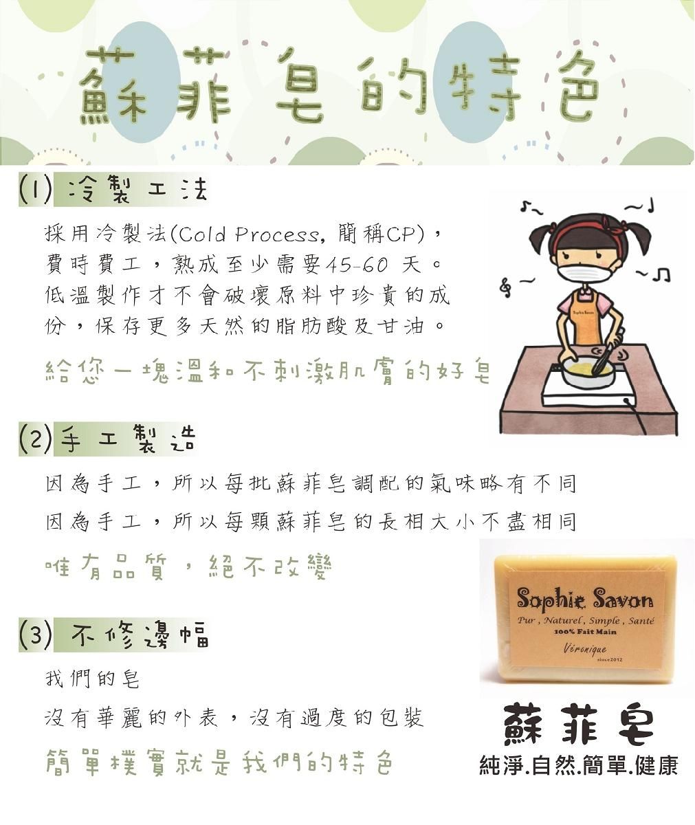 非的1)冷製工法採用冷製法(Cold Process 簡稱CP),費時費工,熟成至少需要45-60 天低溫製作才不會破壞原料中珍貴的成份,保存更多天然的脂肪酸及甘油,給您溫和不刺激肌膚的好(2)手工  因為手工,以每批蘇菲皂調配的氣味略有不同因為手工,所以每蘇菲皂的長相大小不盡相同貝所 絕不改變Sophie SavonPur, Naturel, Simple, Santé100% Fait Main 2012() 不修邊幅我們的皂沒有華麗的外表,沒有過度的包裝簡單樸實就是我們的特色蘇菲皂純淨.自然.簡單.健康