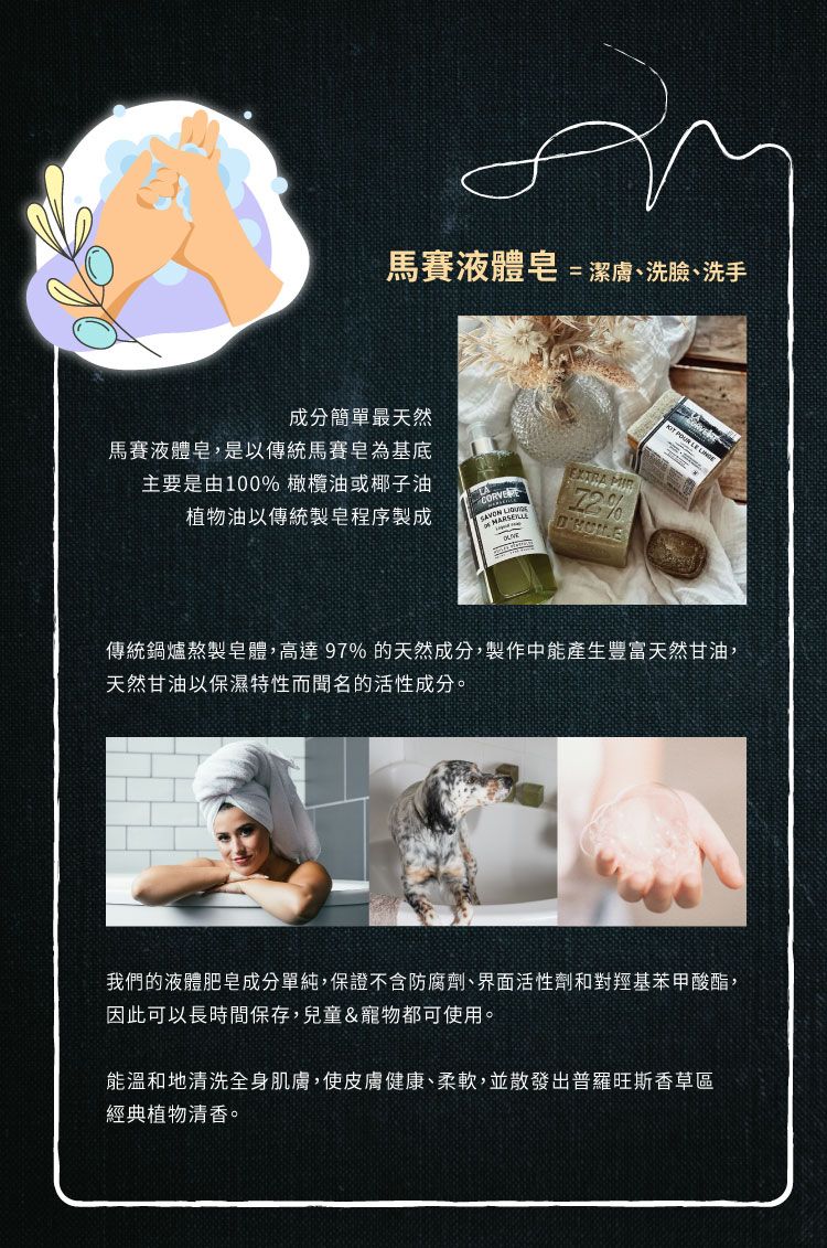 馬賽液體=潔膚洗臉、洗手馬賽液體皂,是以傳統馬賽皂為基底成分簡單最天然主要是由100% 橄欖油或椰子油植物油以傳統製皂程序製成CORVE %   傳統鍋爐熬製皂體,高達97%的天然成分,製作中能產生豐富天然甘油,天然甘油保濕特性而聞名的活性成分。我們的液體肥皂成分單純,保證不含防腐劑、界面活性劑和對羥基苯甲酸酯,因此可以長時間保存,兒童&寵物都可使用。能溫和地清洗全身肌膚,使皮膚健康、柔軟,並散發出普羅旺斯香草區經典植物清香。